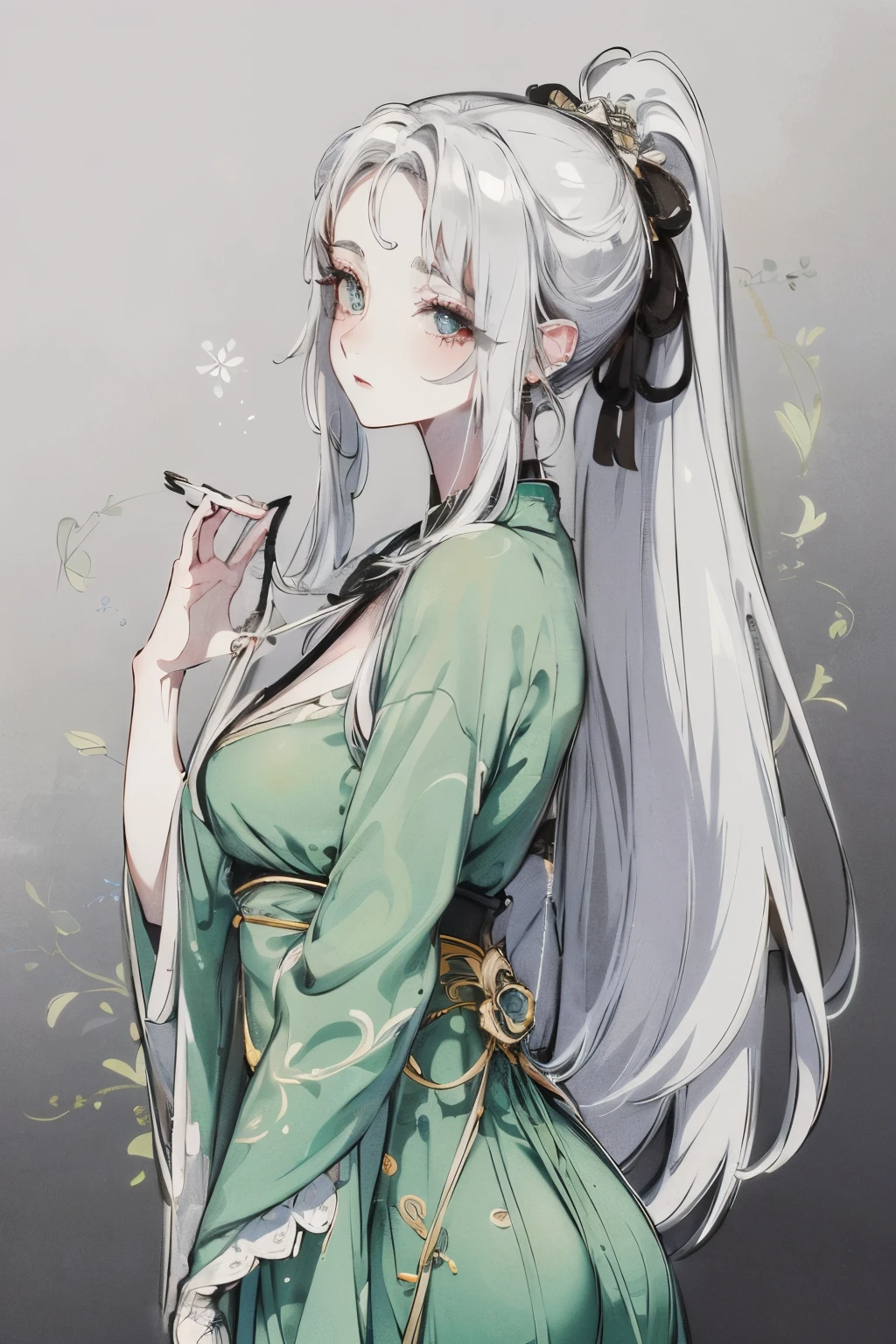 （best quality，masterpiece：1.2），Ultra-high resolution，Realistically，forward lighting，Intricate details，Exquisite details and textures，（1 girl），Solitary，Upper part of the body，Green Hanfu，Petal pattern，漂亮的big eyes，Green Dress，Pretty Face，For the audience，Ribbon，gossamer，（young），Facial highlights，Detail production，Tear mole，White skin，Silver Hair，High Ponytail，Looking at the audience，big eyes，（Openwork pattern），earrings，Slim body，White background，Right hand，Professional lighting，Photon Mapping，Radio City，Physically Based Rendering
