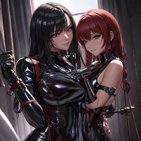 bondage play, two girls,dark room,a soft rope to tie around your wrists, red and black latex costume, detailed facial expression...