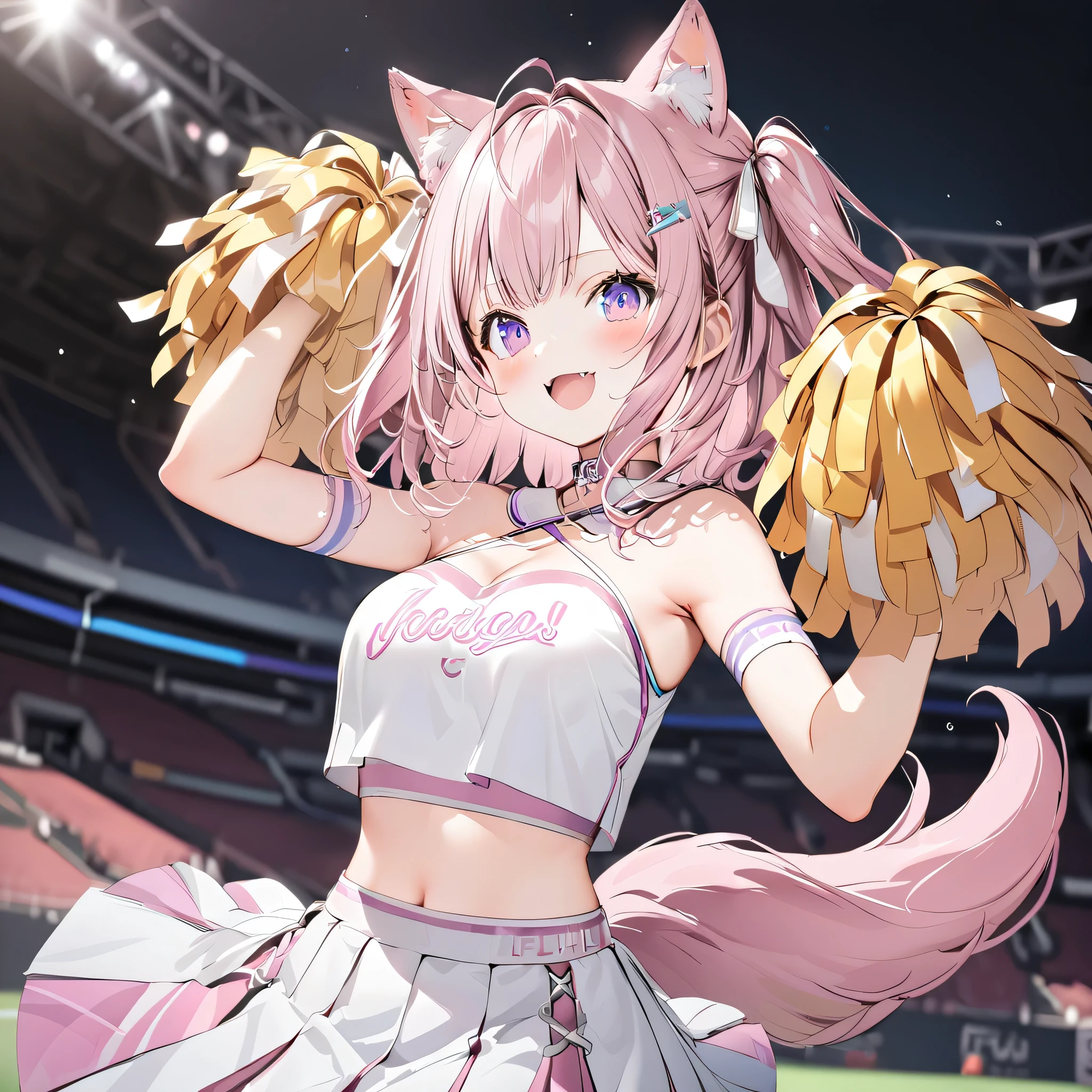 koyo_lab, 1girl,cat mouth,fang,arms up,animal ear fluff,purple eyes,smile,cheerleader, detached collar, white crop top, two-tone crop top, midriff, criss- cross halter, two-tone skirt, white skirt, miniskirt, pleated skirt, holding pom poms, pom pom (cheerleading), white sneakers,"KOYO!" script on crop top, vray,wolf tail