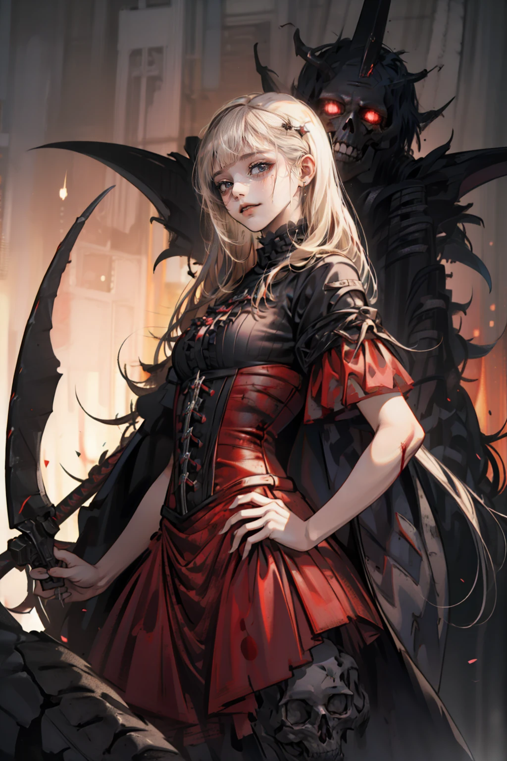 shaded face　、beautiful girl、とてもcute天使、Pink Gothic Fashion、cute、Baby Face、smile、Long skirt、Black long boots、.(Highest quality,4K,High resolution,masterpiece:1.2),Very detailed,Realistic:1.37,Spooky altar background,Dark fantasy,Red color scheme,Ominous atmosphere,Eye-catching,Storytelling,anatomy,Anime Style,Concept Art,beautiful細部までこだわった顔と (((Red eyes ))),A terrifying ritual ,Satanic Ritual,Premature death,inappropriate behavior,クレイジーなsmile,Scythe Face,Girl Monster, beautiful, Delicate facial features, Sharp Eye, Sharp Fangs, pale skin, Dark Background, Cinema Lighting, Dramatic Shadows, Gothic style, Gloomy atmosphere, Dark fantasy, one person&#39;s, Please open your mouth wide, Open your mouth and baring your teeth,Sharp teeth like a beast, Wide lips, very wide mouth, Vermilion cheeks, ,(Blood splatter:1.4),Scary smile, smile,Angel Design, Twisted smile、Bloody、bleeding from the head,,,,,、Blood splatter、,(Blood splatter:1.4),skull,Demon Spear,Horror Style, ((Fantasy Sweet Ta Frill Pink Costume)), ((Flowing blonde hair)), ,(Blood splatter:1.4),Female curves, Sexy flat stomach, Perfect hands, Perfect anime face, (Pink Tata Dress)), Are standing, ((邪悪なsmile)), ,(Blood splatter:1.4), Steam circulates, Moonlight Illumination, night lighting, (Blood splatter:1.6),アニメAngel Design, Twisted smile、Bloody、bleeding from the head,,,,,、Blood splatter、,(Blood splatter:1.4), skull,Gothic architecture、Western architecture、Fantasy World、,Victorian cities, Skeleton Gas Light,Absurd, High resolution、 ((Tabletop)), ((Highest quality)), (Very detailedな), ((Very detailed)), (beautiful), ((cute)), (NFSW:1.8), alone,(:1.6)、(world&#39;The most terrifying and creepy demon girl:1.5)beautiful face、Whole Body Ezbian、pale, beautiful肌、beautiful金の髪、優しくsmileむ、Dark building ruins、(snow white&#39;Frill dress:1.3)、(The dark ruins are stained with blood:1.3)、Low angle full body shot、(少女は血の海の中にAre standing:1.5)、(The ground is full of blood:1.3)、(The girl lost a lot of blood....:1.3)、(クレイジーなsmile:1.6)、Spirits、(Blood dripping from the mouth:1.3)、
