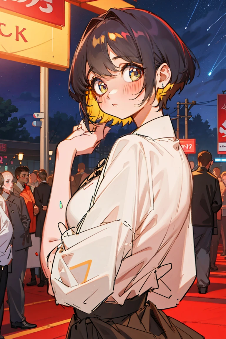 ((masterpiece)), (best quality),, Official Art, Extremely detailed CG unity 8k wallpaper, Very detailed, Glowing skin, Depth of Field, Bright colors,, 1 Girl, (Curvy beauty:0.4), (whole body:0.6),, short hair, Bangs, Red Eyes, skirt, Looking at the audience, night, street, neon, look back, Star (Sky), crowd, Upper Body,