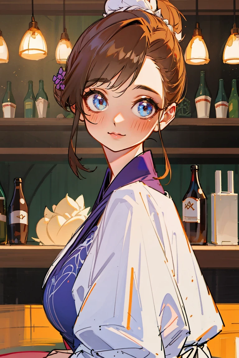 Portrait of Abigail: A charming lady with a high bun, Sitting in the bar. This masterpiece is of excellent quality, Extremely detailed, Perfect for 8k HDR wallpapers. With movie lighting、Sharp focus and intricate details.