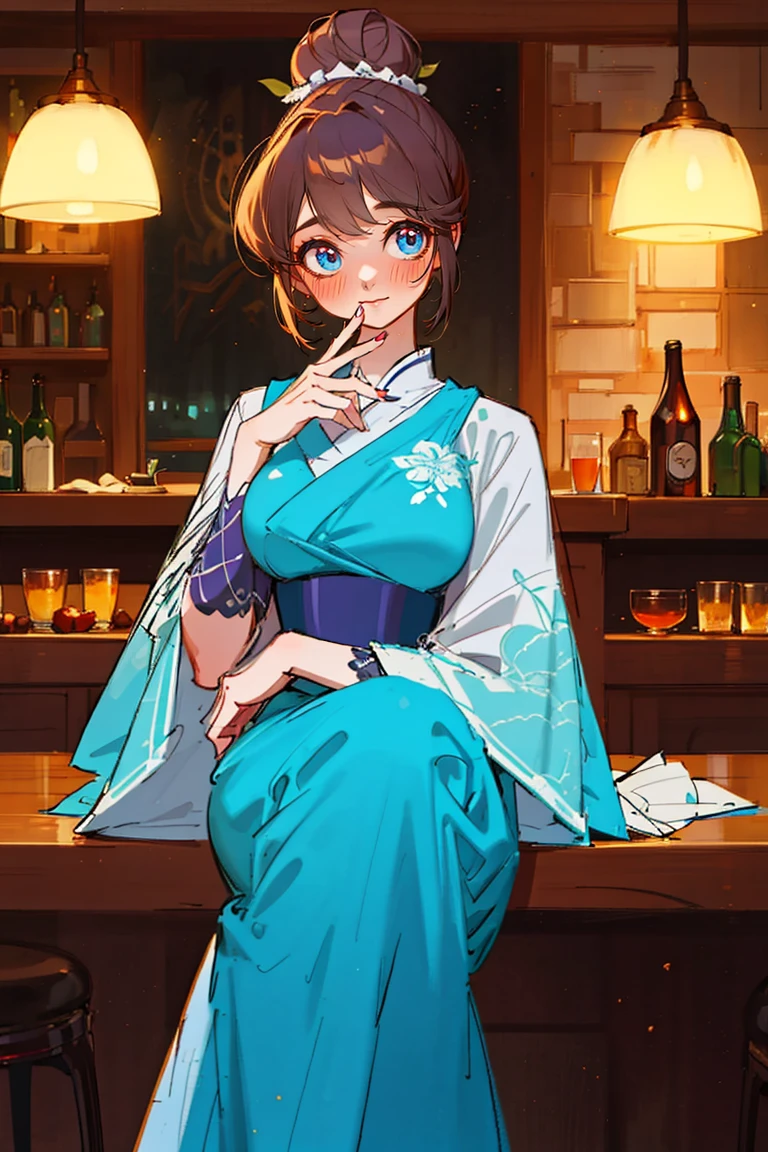 Portrait of Abigail: A charming lady with a high bun, Sitting in the bar. This masterpiece is of excellent quality, Extremely detailed, Perfect for 8k HDR wallpapers. With movie lighting、Sharp focus and intricate details.