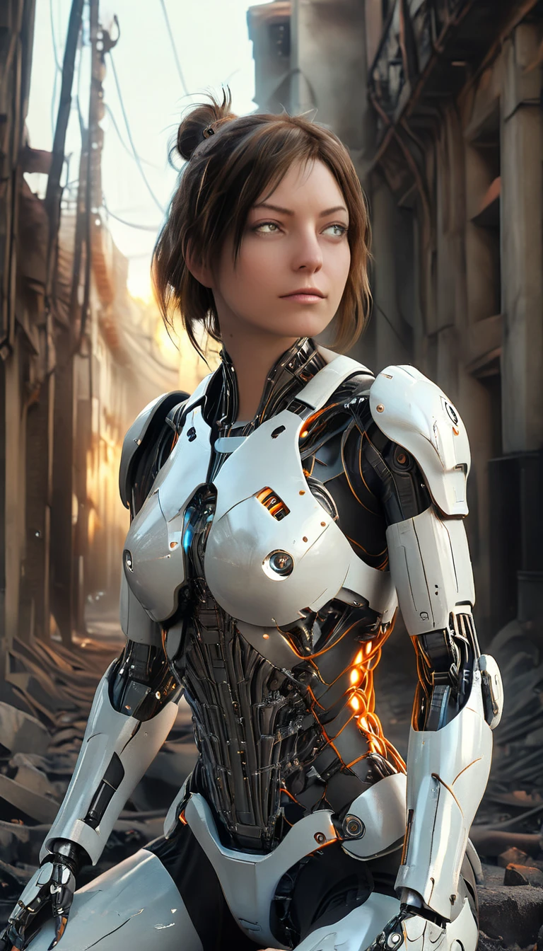 A futuristic, high-resolution digital artwork of a female cyborg kneeling in a ruined futuristic city, deeply immersed in a moment of introspection. The cyborg's sleek, silver-white synthetic armor is intricately detailed with orange accents, featuring visible mechanisms and electronic components that reveal a blend of human and robotic features. Her right arm showcases exposed circuitry, glowing LED indicators, and fine wires that run along the joints, while her torso armor is partially open, revealing microprocessors, hydraulic pistons, and cooling systems, all subtly lit by a soft, bluish glow. The spinal area is designed with articulated segments containing small servo motors and sensors, highlighting the precision engineering of her body. Her platinum blonde hair is tied up in a loose, messy bun, with a few strands gently framing her bowed face, lost in thought. The setting is a devastated cityscape filled with crumbling buildings, scattered rubble, and burning fires. The background is smoky, with thick plumes rising from the ruins, while flying sparks and embers dance in the air, casting a warm, flickering light across the scene. The soft, diffused lighting highlights the metal surfaces and enhances the melancholic, dystopian atmosphere. The shot, captured from a side angle, emphasizes the intricate design of her robotic limbs, glowing electronic elements, and the quiet intensity of her expression against the chaotic, smoldering ruins of the city.