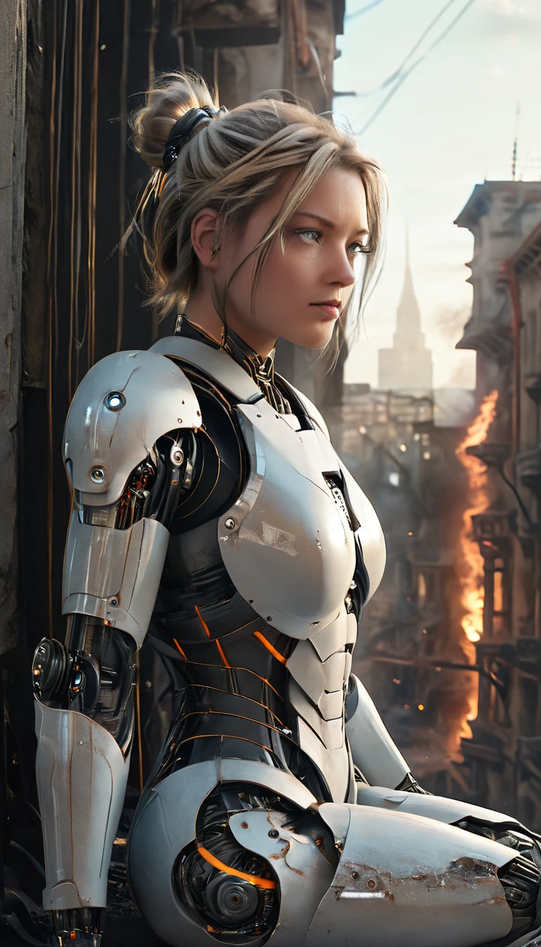 A futuristic, high-resolution digital artwork of a female cyborg kneeling in a ruined futuristic city, deeply immersed in a moment of introspection. The cyborg's sleek, silver-white synthetic armor is intricately detailed with orange accents, featuring visible mechanisms and electronic components that reveal a blend of human and robotic features. Her right arm showcases exposed circuitry, glowing LED indicators, and fine wires that run along the joints, while her torso armor is partially open, revealing microprocessors, hydraulic pistons, and cooling systems, all subtly lit by a soft, bluish glow. The spinal area is designed with articulated segments containing small servo motors and sensors, highlighting the precision engineering of her body. Her platinum blonde hair is tied up in a loose, messy bun, with a few strands gently framing her bowed face, lost in thought. The setting is a devastated cityscape filled with crumbling buildings, scattered rubble, and burning fires. The background is smoky, with thick plumes rising from the ruins, while flying sparks and embers dance in the air, casting a warm, flickering light across the scene. The soft, diffused lighting highlights the metal surfaces and enhances the melancholic, dystopian atmosphere. The shot, captured from a side angle, emphasizes the intricate design of her robotic limbs, glowing electronic elements, and the quiet intensity of her expression against the chaotic, smoldering ruins of the city.