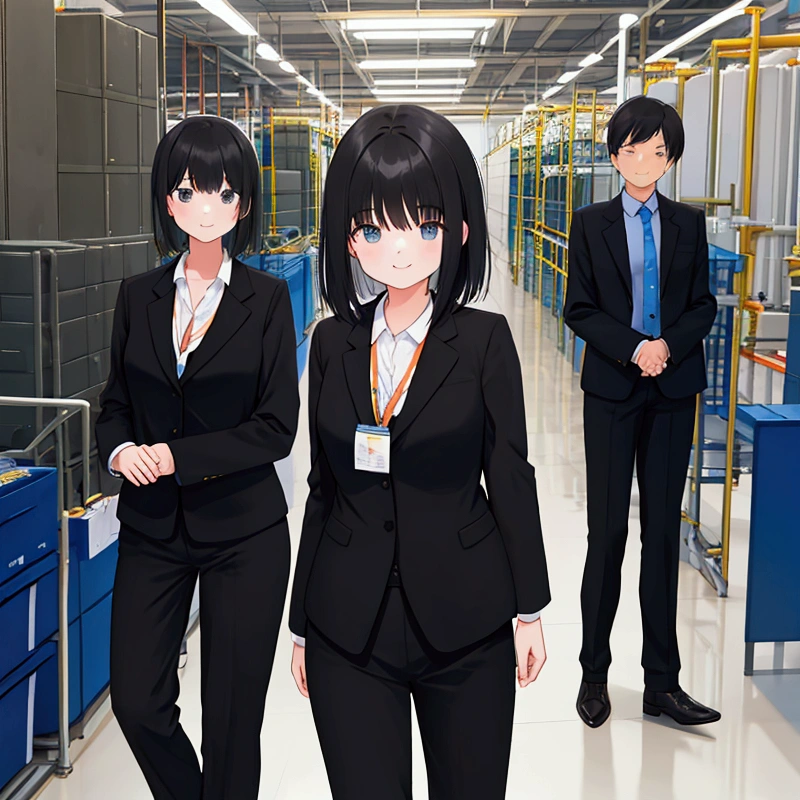 A smiling woman is standing,(Short black hair),((company employee)),(Plain Suit)