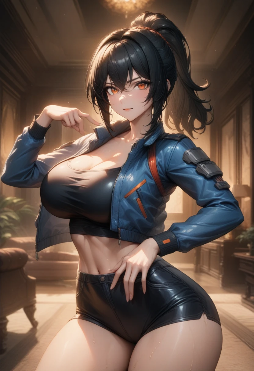 masterpiece,best quality,high resolution,8k,ultra HD,wallpaper,illustration,perfect face,cowboy shot,beautiful detailed eyes,extremely detailed face,perfect lighting,extremely detailed CG,perfect hands,perfect anatomy,perfect body,perfect hands,perfect fingers,1woman,full body,,(muscle fighter:1.1),black long ponytail hair,orange eyes,large breasts,Medium ass,,(blue open jacket:1.3),black short hot pants,clothed,,collarbone,,looking at viewer,(sexy look pose:1.3),Steam,sweat,rich home,(Zenless Zone Zero character Zhu Yuan),adult