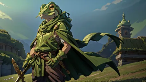 frog man, frog chrono trigger, wielding a sword, looking straight ahead, wearing a green cloak and medieval clothes, is standing...