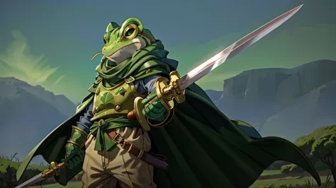 frog man, frog chrono trigger, wielding a sword, looking straight ahead, wearing a green cloak and medieval clothes, is standing...