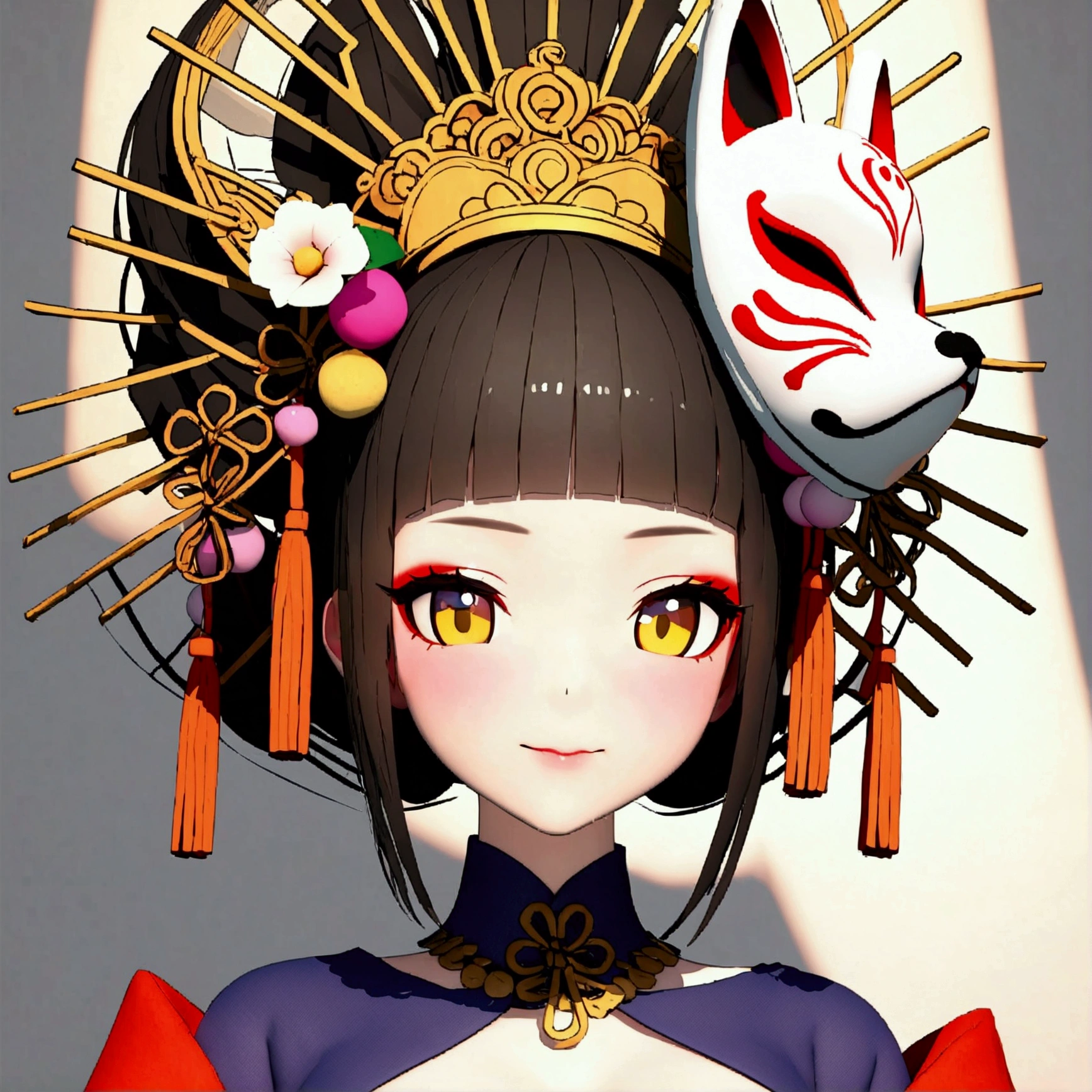 3d、Fox Mask、Oiran、high resolution、high quality、beautiful、beautiful、With kissel、Upper Body、