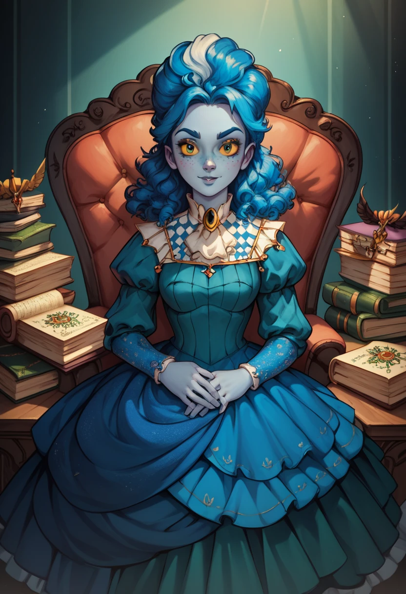 high definition, cute face, frankelda, 1girl, solo, dress, striped, blue hair, puffy sleeves, colored skin, freckles, baroque, half body, look at viewer, sitting down on green baroque chair, hands on lap, detailed background, dark floral wallpaper, yellow sclera, pile of books aside, evil simile