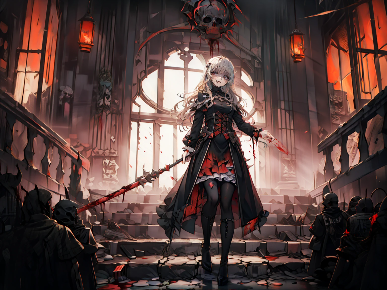 shaded face　、beautiful girl、とてもcute天使、Pink Gothic Fashion、cute、Baby Face、smile、Long skirt、Black long boots、.(Highest quality,4K,High resolution,masterpiece:1.2),Very detailed,Realistic:1.37,Spooky altar background,Dark fantasy,Red color scheme,Ominous atmosphere,Eye-catching,Storytelling,anatomy,Anime Style,Concept Art,beautiful細部までこだわった顔と (((Red eyes ))),A terrifying ritual ,Satanic Ritual,Premature death,inappropriate behavior,クレイジーなsmile,Scythe Face,Girl Monster, beautiful, Delicate facial features, Sharp Eye, Sharp Fangs, pale skin, Dark Background, Cinema Lighting, Dramatic Shadows, Gothic style, Gloomy atmosphere, Dark fantasy, one person&#39;s, Please open your mouth wide, Open your mouth and baring your teeth,Sharp teeth like a beast, Wide lips, very wide mouth, Vermilion cheeks, ,(Blood splatter:1.4),Scary smile, smile,Angel Design, Twisted smile、Bloody、bleeding from the head,,,,,、Blood splatter、,(Blood splatter:1.4),skull,Demon Spear,Horror Style, ((Fantasy Sweet Ta Frill Pink Costume)), ((Flowing blonde hair)), ,(Blood splatter:1.4),Female curves, Sexy flat stomach, Perfect hands, Perfect anime face, (Pink Tata Dress)), Are standing, ((邪悪なsmile)), ,(Blood splatter:1.4), Steam circulates, Moonlight Illumination, night lighting, (Blood splatter:1.6),アニメAngel Design, Twisted smile、Bloody、bleeding from the head,,,,,、Blood splatter、,(Blood splatter:1.4), skull,Gothic architecture、Western architecture、Fantasy World、,Victorian cities, Skeleton Gas Light,Absurd, High resolution、 ((Tabletop)), ((Highest quality)), (Very detailedな), ((Very detailed)), (beautiful), ((cute)), (NFSW:1.8), alone,(:1.6)、(world&#39;The most terrifying and creepy demon girl:1.5)beautiful face、Whole Body Ezbian、pale, beautiful肌、beautiful金の髪、優しくsmileむ、Dark building ruins、(snow white&#39;Frill dress:1.3)、(The dark ruins are stained with blood:1.3)、Low angle full body shot、(少女は血の海の中にAre standing:1.5)、(The ground is full of blood:1.3)、(The girl lost a lot of blood....:1.3)、(クレイジーなsmile:1.6)、Spirits、(Blood dripping from the mouth:1.3)、
