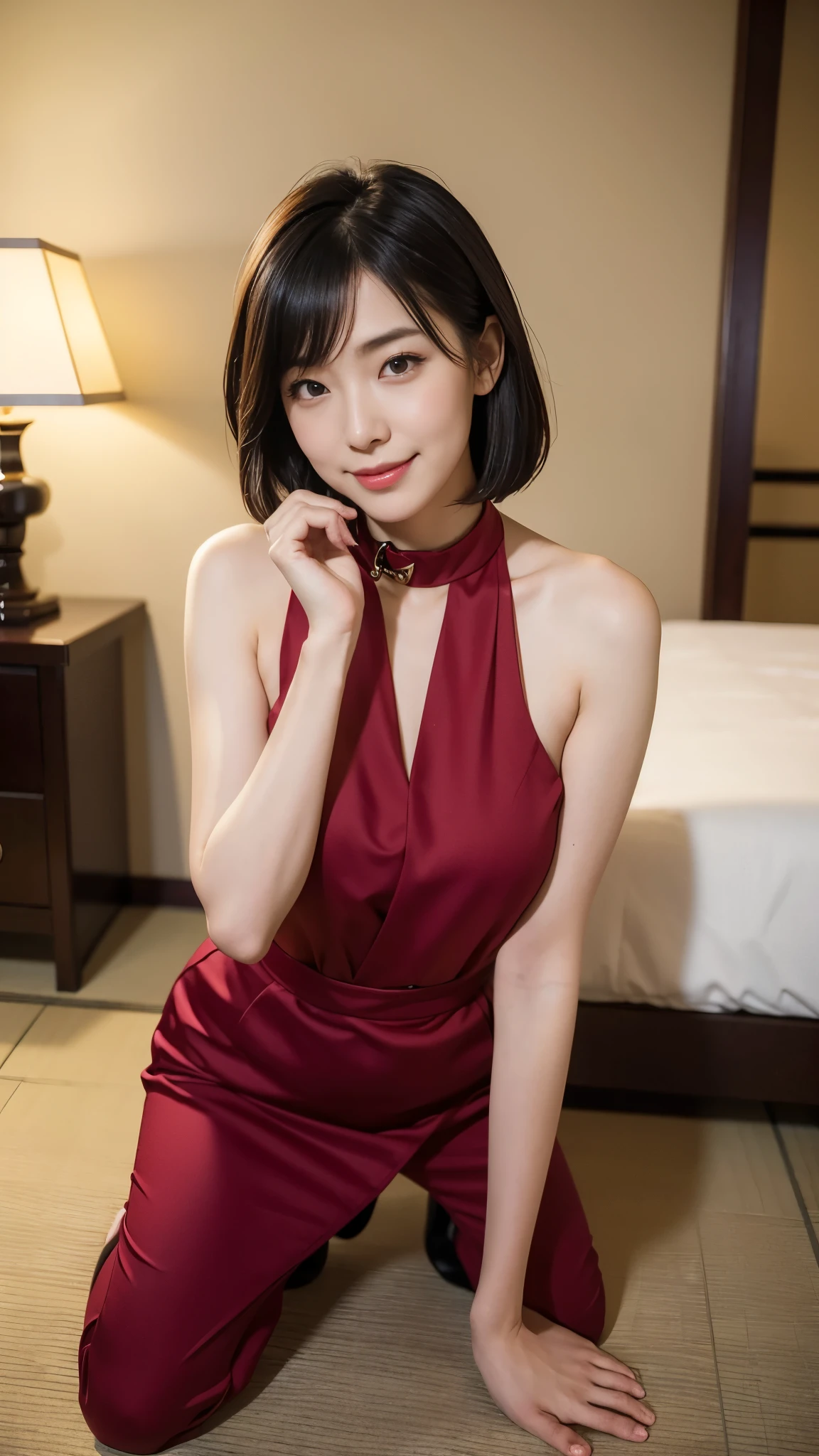 Arafed asian woman in a red dress posing for a picture - SeaArt AI