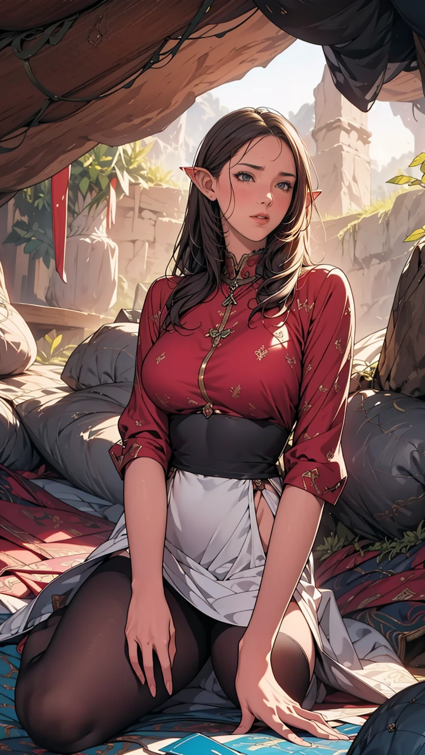 Highest quality, Official Art, masterpiece, Fabric Shading, High resolution, Very detailed, colorful, indoor, Inside the mysterious cave,Best details, (Adult,30 years old, Mature Woman, listen don&#39;t,elf-v1