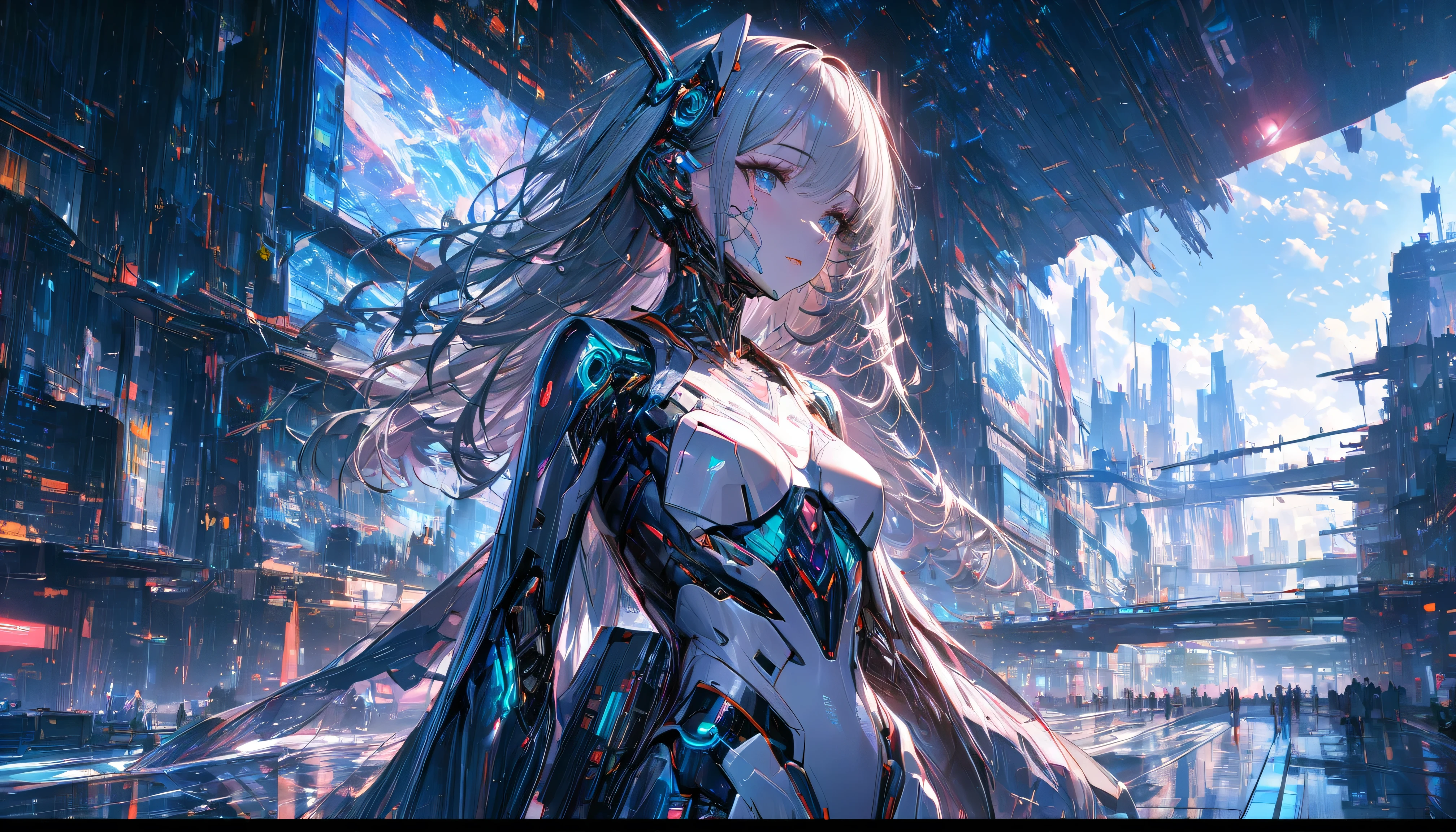 A beautiful futuristic cyborg girl with neural network hair, parted lips, Futurism, Ultra-high resolution, Super Detail, Highest quality, 8k , ,Dynamic Angle, Morning sunshine