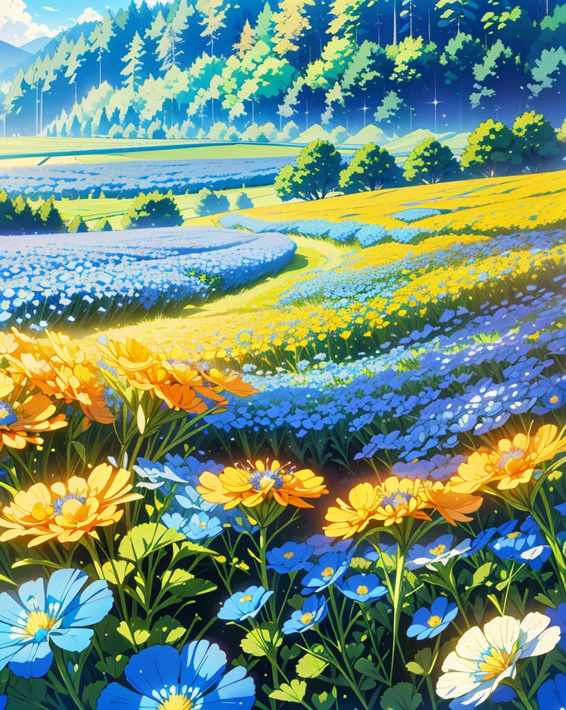 Highest quality, 32K, High resolution, masterpiece:1.5, Colorful Nemophila Fields, a large number of small flowers, Lie on your back, Close your eyes and laugh, Summer sunshine