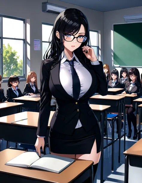 highest quality、1 female 30-year-old、female teacher、black hair、long hair、dark eyes、big breasts、black suit、parted bangs、pencil sk...