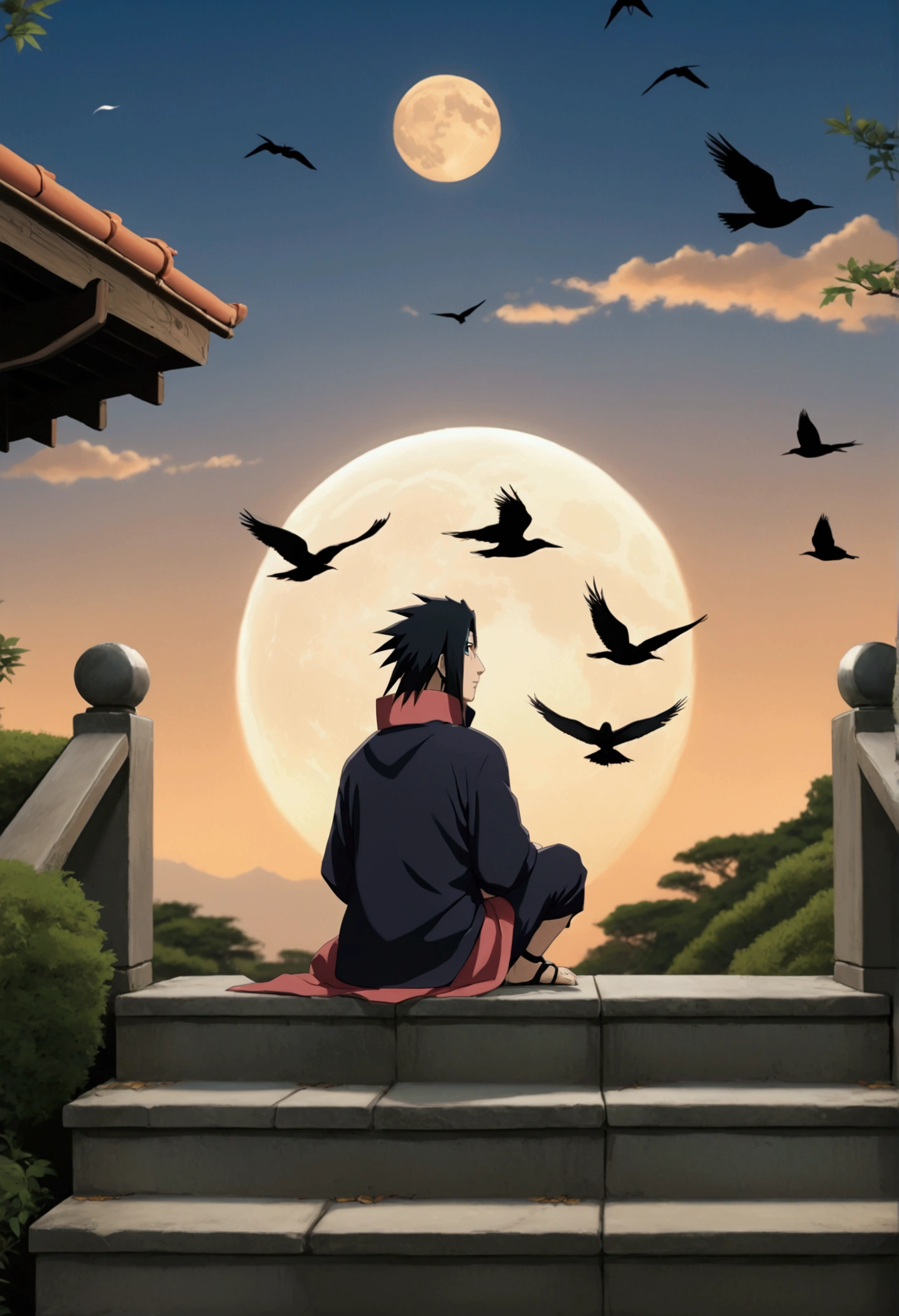 anime man sitting on steps looking at the moon and flying birds, itachi uchiha, inspired by Josetsu, itachi, inspired by Nōami, quiet and serene atmosphere, inspired by Kanō Hōgai, beautiful anime scene, watching the sun set. anime, inspired by Asai Chū, anime wallpaper 4k, anime wallpaper 4 k