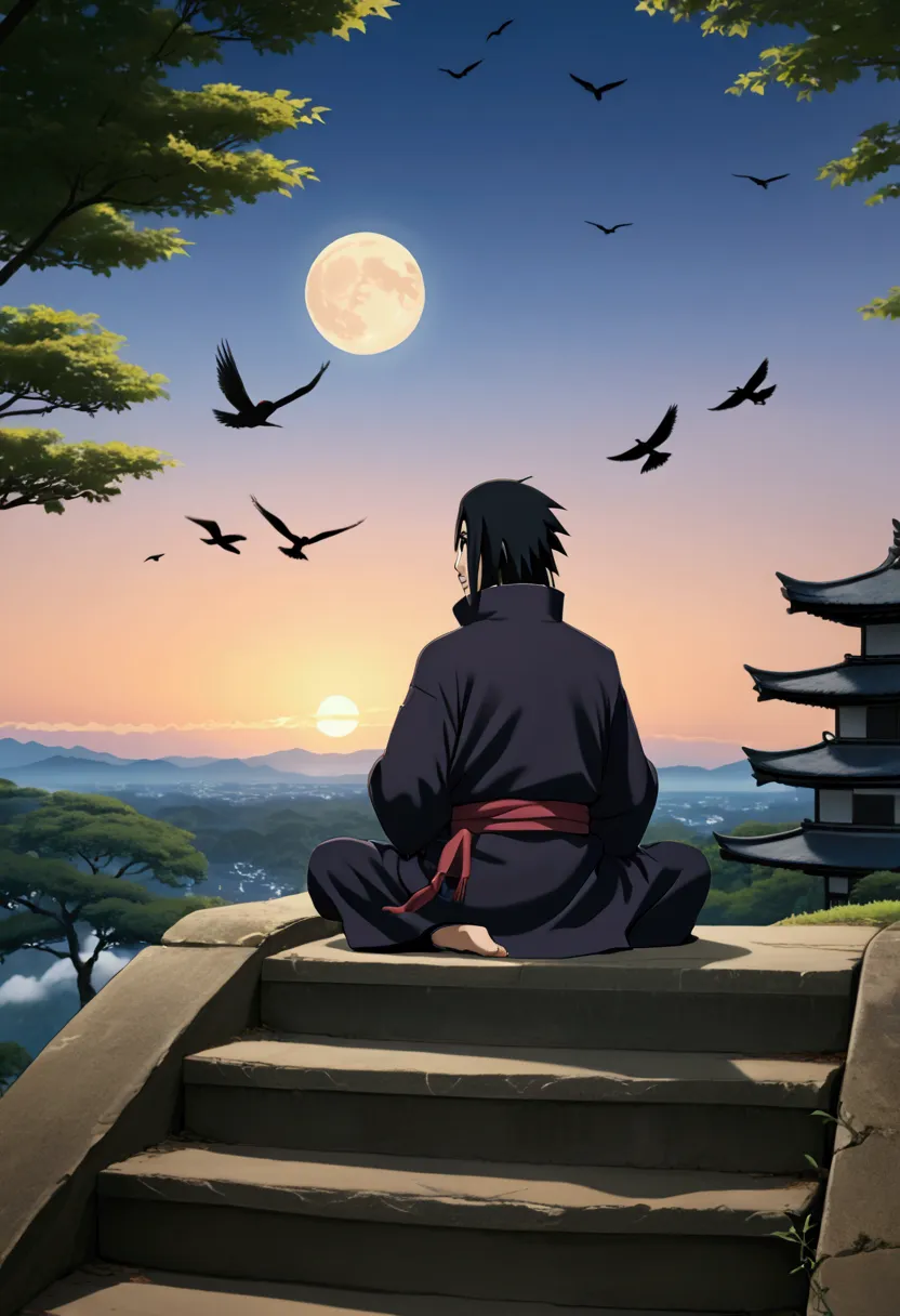 anime man sitting on steps looking at the moon and flying birds, itachi uchiha, inspired by josetsu, itachi, inspired by nōami, ...