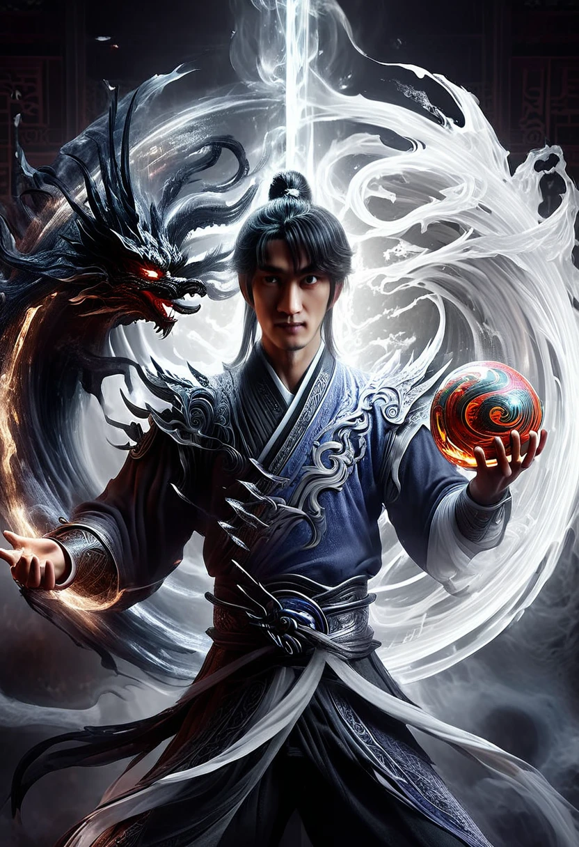 a man holding a ball with a dragon on it, inspired by Li Gonglin, human and dragon fusion, inspired by Feng Zhu, man with the soul of a dragon, inspired by Fan Kuan, inspired by Wu Li, wlop and ross tran, in the style of sifu 🔥 😎 🕹️ 👀 :2

