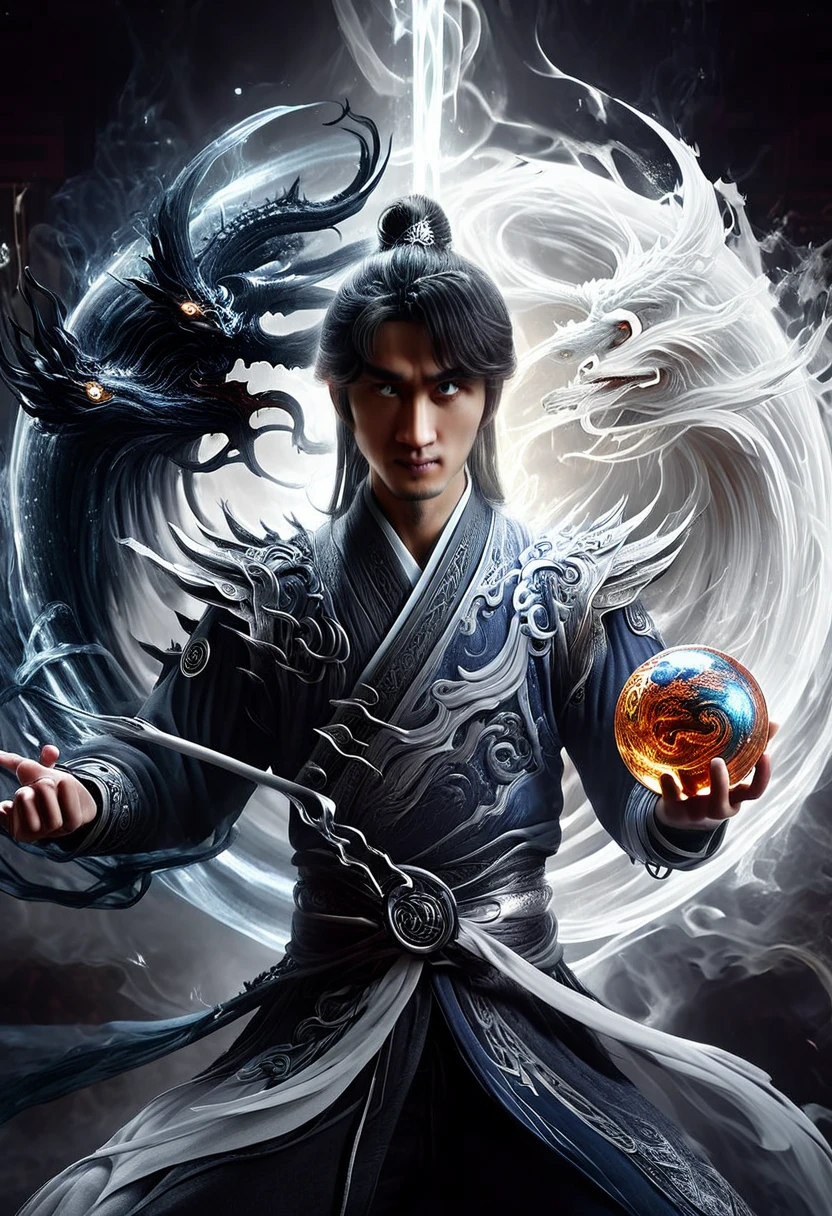 a man holding a ball with a dragon on it, inspired by Li Gonglin, human and dragon fusion, inspired by Feng Zhu, man with the soul of a dragon, inspired by Fan Kuan, inspired by Wu Li, wlop and ross tran, in the style of sifu 🔥 😎 🕹️ 👀 :2

