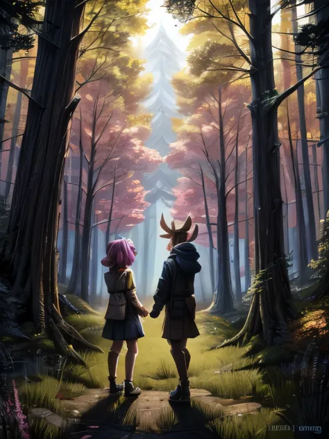 there are two deers that are standing in the woods, a detailed painting by jin nong, pixiv, sots art, fauns, brittney lee, lauri...