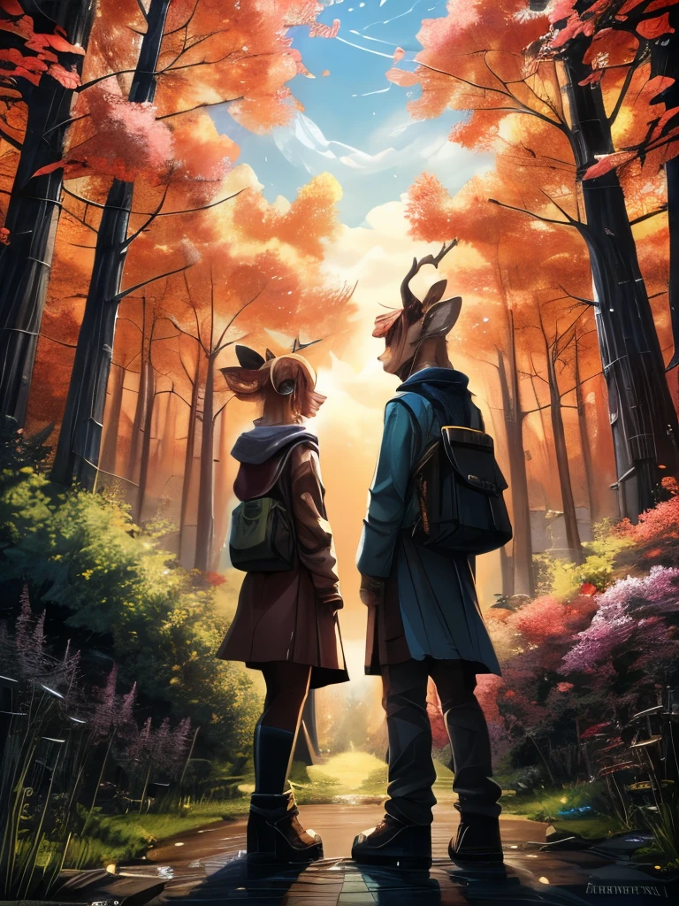 there are two deers that are standing in the woods, a detailed painting by Jin Nong, pixiv, sots art, fauns, brittney lee, laurie greasley and james jean, deers, in pink forest, in style of laurie greasley, jen bartel, pink forest, dreamy psychedelic anime, laurie greasley, beautiful illustration