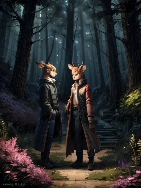 there are two deers that are standing in the woods, a detailed painting by jin nong, pixiv, sots art, fauns, brittney lee, lauri...