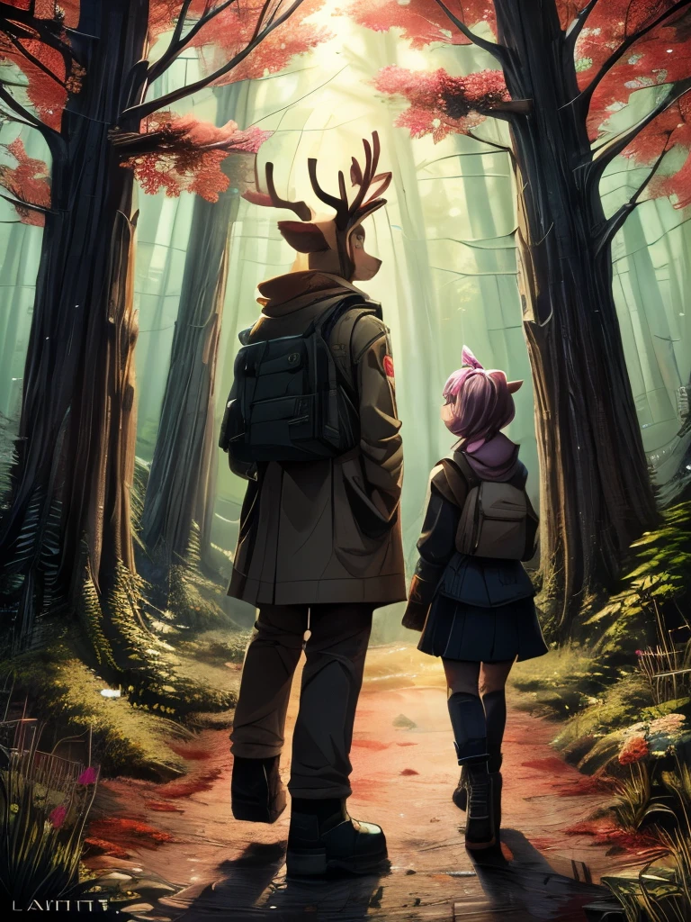 there are two deers that are standing in the woods, a detailed painting by Jin Nong, pixiv, sots art, fauns, brittney lee, laurie greasley and james jean, deers, in pink forest, in style of laurie greasley, jen bartel, pink forest, dreamy psychedelic anime, laurie greasley, beautiful illustration