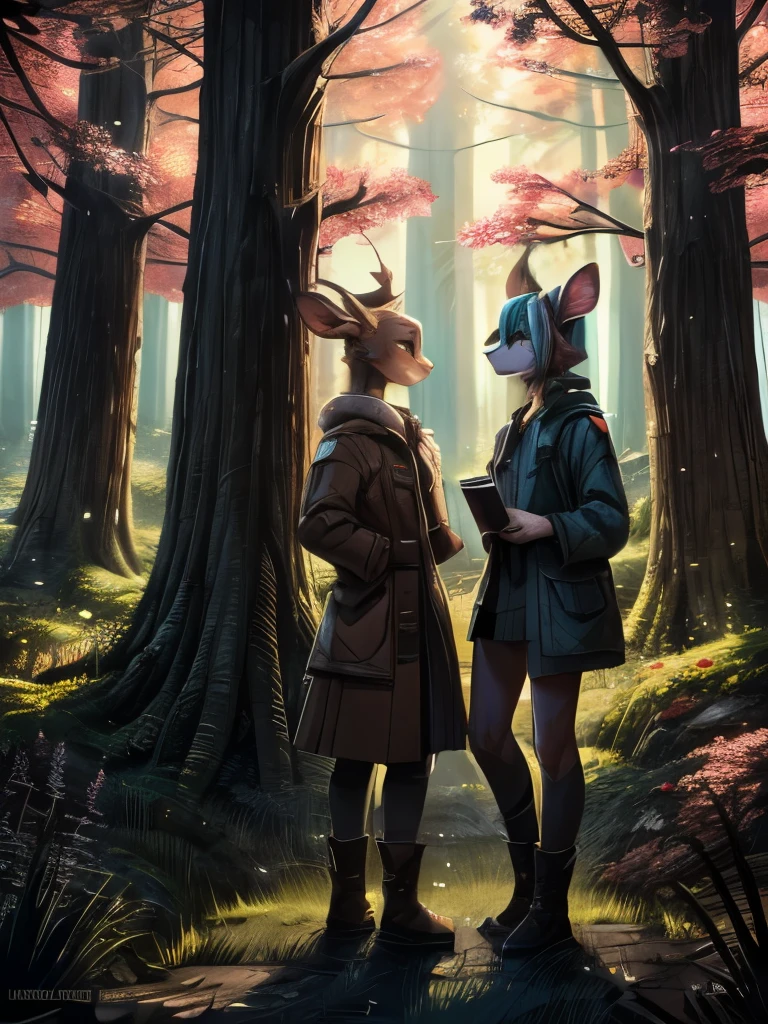 there are two deers that are standing in the woods, a detailed painting by Jin Nong, pixiv, sots art, fauns, brittney lee, laurie greasley and james jean, deers, in pink forest, in style of laurie greasley, jen bartel, pink forest, dreamy psychedelic anime, laurie greasley, beautiful illustration