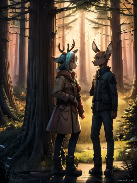 there are two deers that are standing in the woods, a detailed painting by jin nong, pixiv, sots art, fauns, brittney lee, lauri...