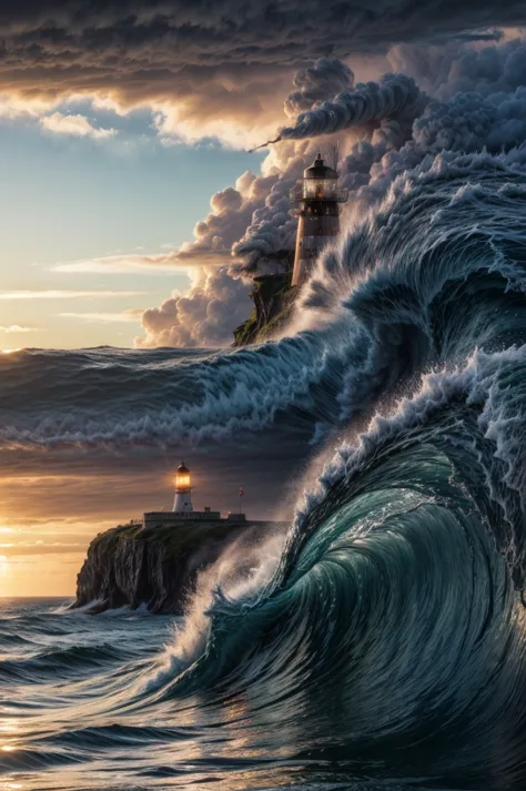 a dramatic stormy sea, with towering waves crashing against a lone lighthouse, illuminated by a flash of lightning.