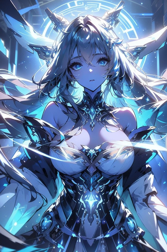 A celestial cyborg illuminated in ethereal light, its metallic form reflecting hues of cosmic blue and shimmering silver. The image, a stunning photograph, captures the intricate details of its intricate circuits and glowing neon accents against a backdrop of swirling galaxies. The composition is striking, showcasing the fusion of advanced technology with celestial beauty in crystal-clear quality.