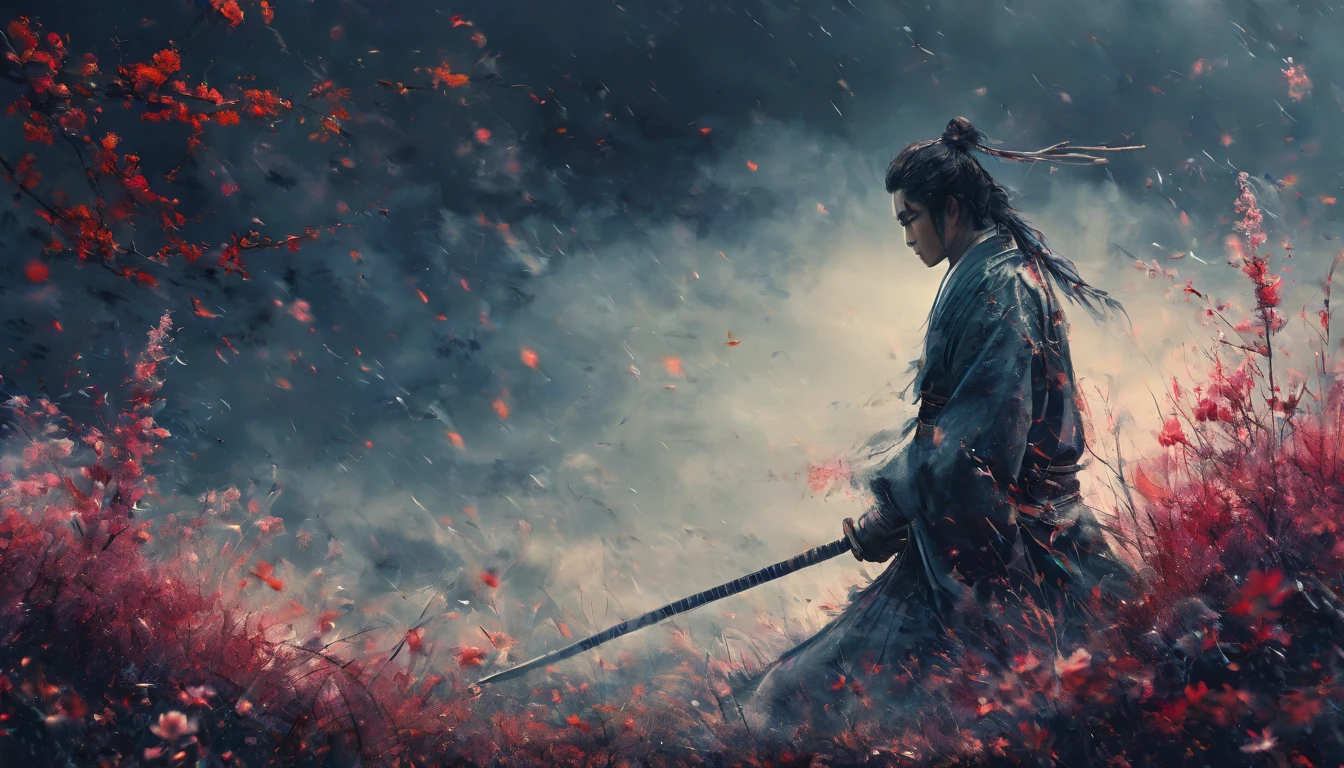 a young man kneeling in a flowery meadow, samurai, night, shining red moon, torn sword, long exposure, highly detailed, 8k, photorealistic, masterpiece, studio lighting, dramatic lighting, cinematic, moody atmosphere, vibrant colors, lush nature, intricate details