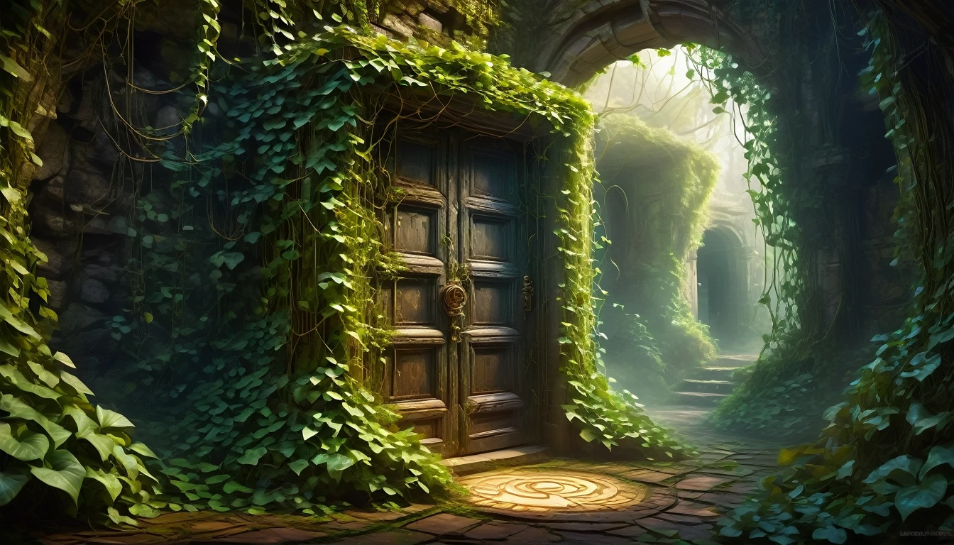 Forgotten Gate of Time and Space, fantasy theme, concept art, The deepest door in the underground maze, a door made of magic, Time travel portal, (A door that cannot be opened due to ivy and cobwebs:1.3, Shiny magic net), (Old and rusty door, dirty), dark, (Magical breath leaks from outside the door:1.3),  (masterpiece), (best quality), (Ultra-high detail)