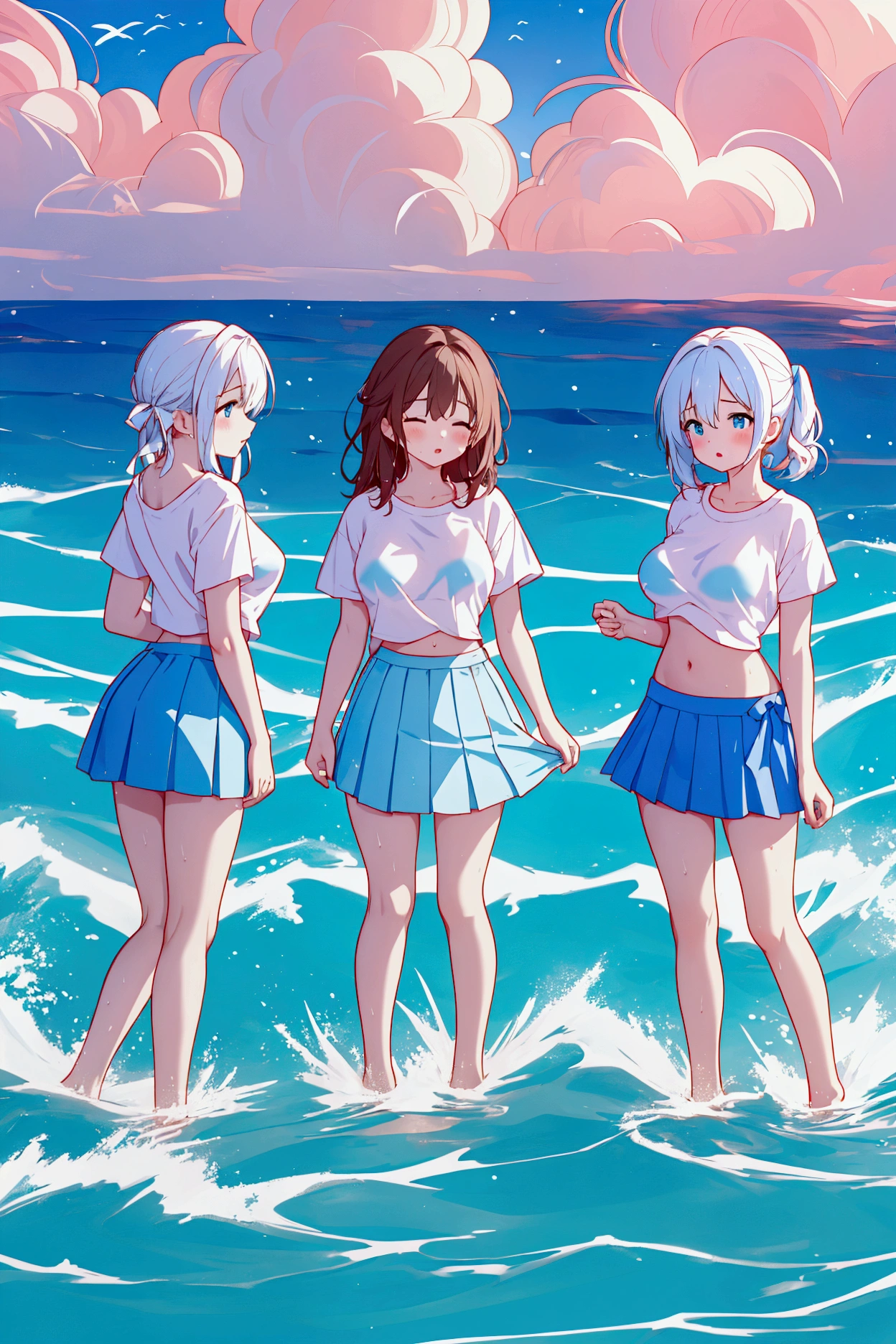 Four big-breasted sisters wearing cute underwear and cute bras、When you lift up the light blue skirt, you can see cute underwear.、Bras stuck to the plains, Wet white t-shirt、Drenched T-shirt、White and light blue checkered bra、White underwear with cute ribbon、Sandy Beach, Calm, clear sea and blue sky、barefoot