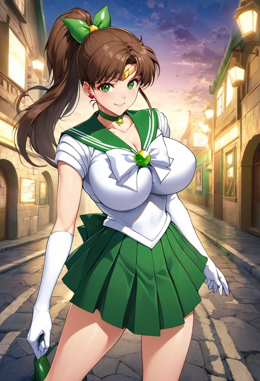 Highest quality, Great quality, 16K, Unbelievably absurd, Very detailed, 2.5D, delicate and dynamic, (Sailor Jupiter), Small face, Very delicate facial expressions, Delicate eye depiction, Very fine hair, (1 female), erotic, Sexy Woman, Muscular, Height: 175cm, Light brown long hair,ponytail、 Sexy long legs,  sailor senshi uniform, Makoto Kino, 独奏, skirt, brown hair, green sailor collar, green eyes, green choker, outdoors, gloves, green skirt, sailor collar, white gloves, bow, jewelry, boots, hair ornament, choker, elbow gloves, ponytail, sky, earrings, green footwear, day, magical girl,Glowing Skin,1990s \(style\),、(F cup beautiful big breasts)、tall、Cinema Lighting, (完璧なGlowing Skin:0.6),Always high quality CG Unity 8K wallpaper、smile