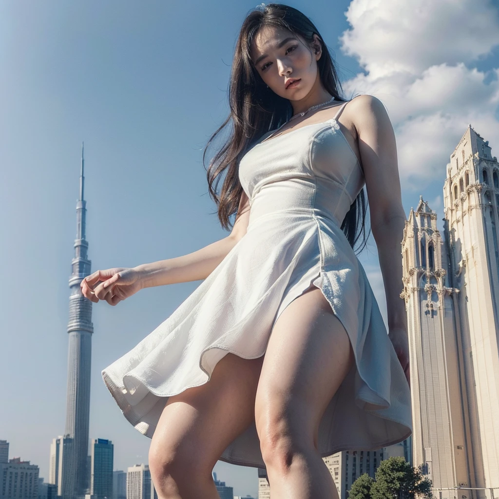 (((Giantess Elements))), (((Super Best masterpiece giant girl Raw Photography Art))), (16K, Highest quality, Ultra-high resolution, RAW Photos), (((In the real world, So unrealistic, Very detailed depiction, ((Giantess, Ultra-realistic))))), (((((Beauty in white dress, Towering high))))), The city background is at the feet of the beautiful woman, top view