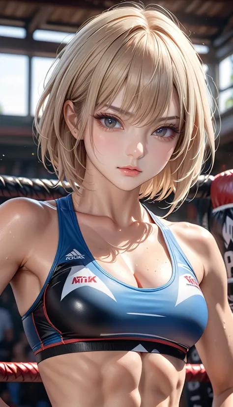 muay thai athlete girl, very short blond hair, abs, best quality, 4k, 8k, highres, (masterpiece:1.2), ultra-detailed, (photo rea...