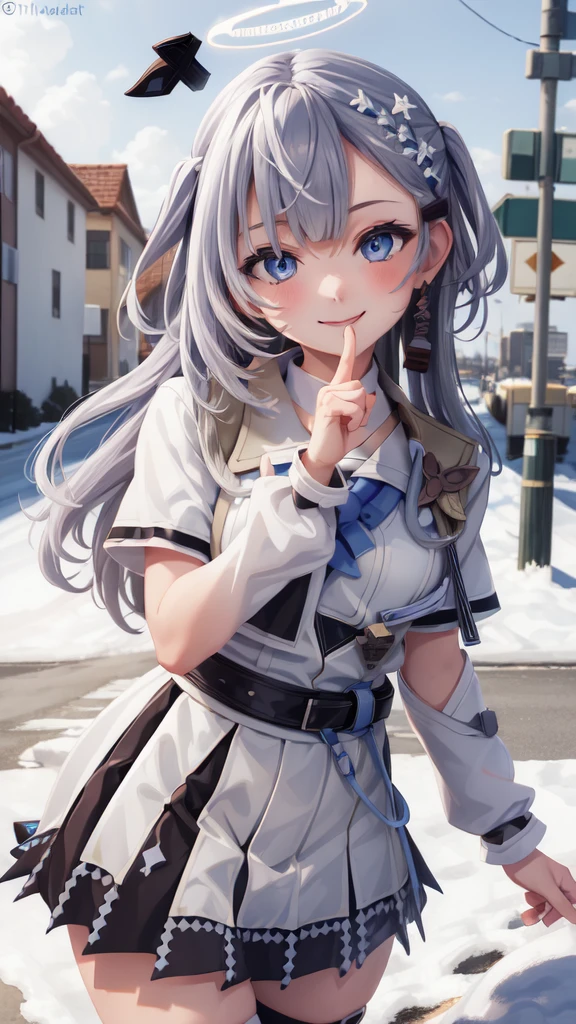 (masterpiece:1.3), (absurdres:1.3), (best quality:1.3), (ultra-detailed:1.3), snow, outdoors, upper body, index finger raised, smile, 1girl, nagisa-fi, halo, tokiwadai school uniform,  