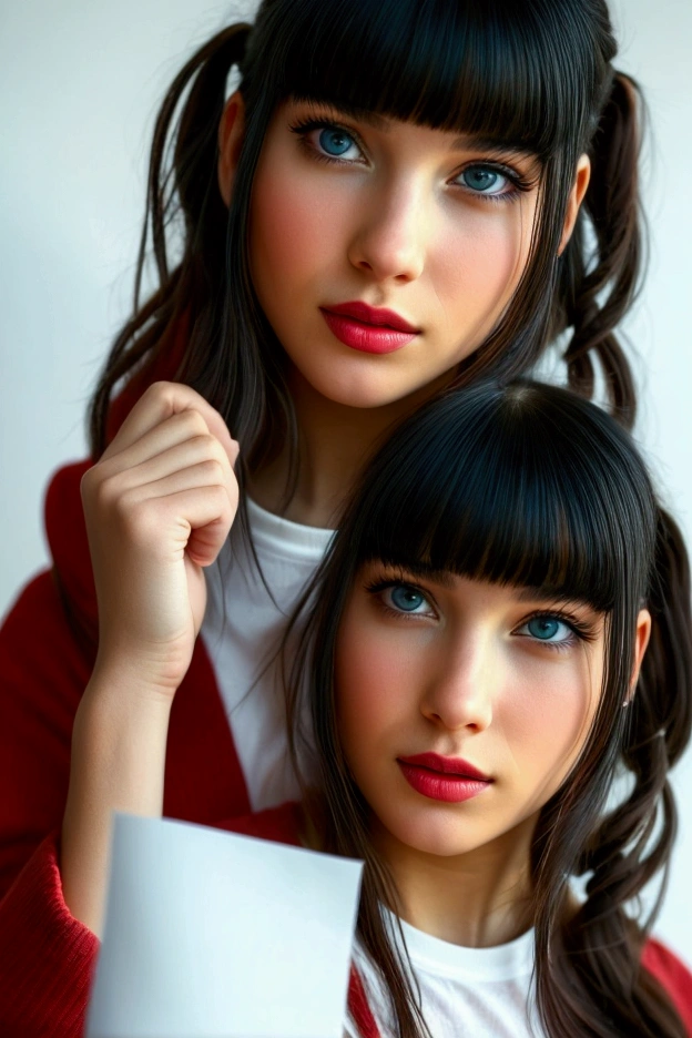 a close-up of a young woman&#39;s face, pose with hand on chin on a piece of paper, realistic Foto v