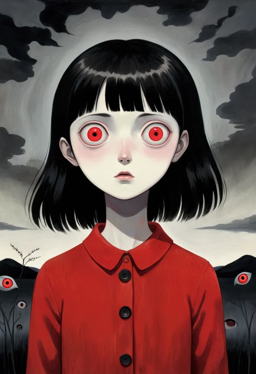 painting of a person standing in front of a red eye, yume nikki, animated film still, still from animated horror movie, inspired...