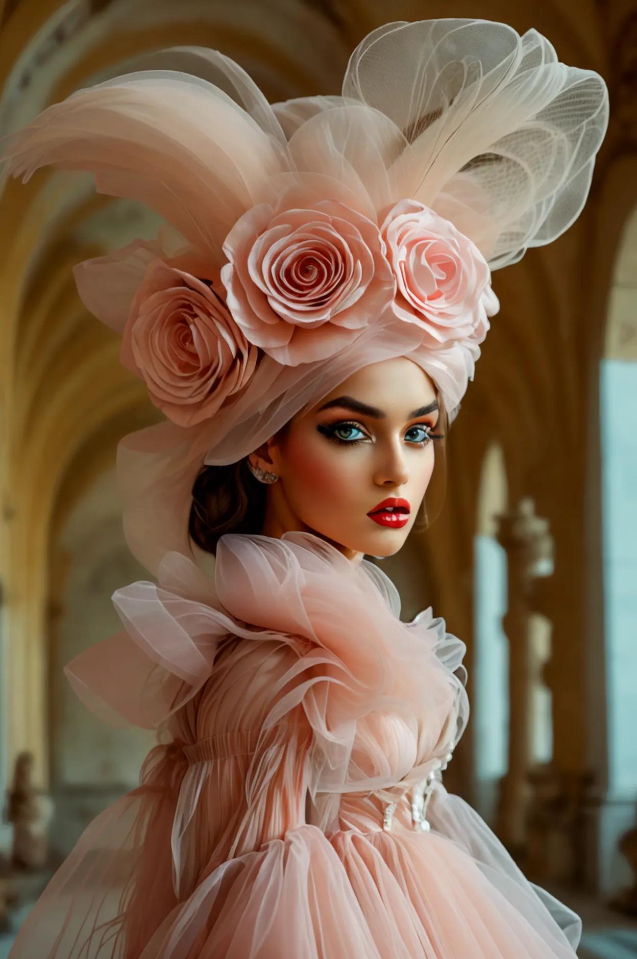 a high-fashion editorial shot with a model wearing an extravagant outfit, set against a surreal, dreamlike background