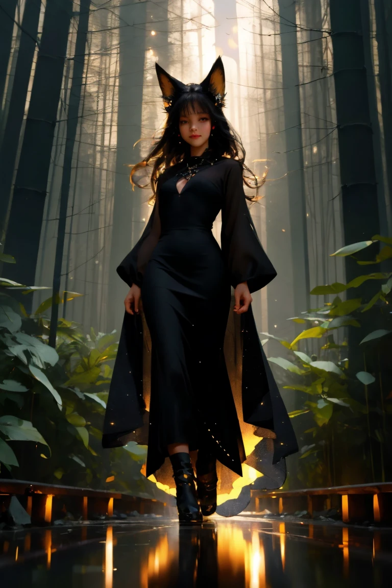 (​masterpiece:1.2), 4K, offcial art, textured skin, highly detailed, high details face, ​masterpiece, best quality, (Amazingly absurd:1.2), 1 Foxgirl, evil smirk, fox ears, long black hair, long black dress, standing, dynamic pose:1, looking down at viewer, glowing eyes, Fullbody , glowing dress, shining hair, Hair bow, black kneesocks, Soft colors, Kawaii, beautiful colors, (Rain:1), (Forest:1.5), (Night:2)