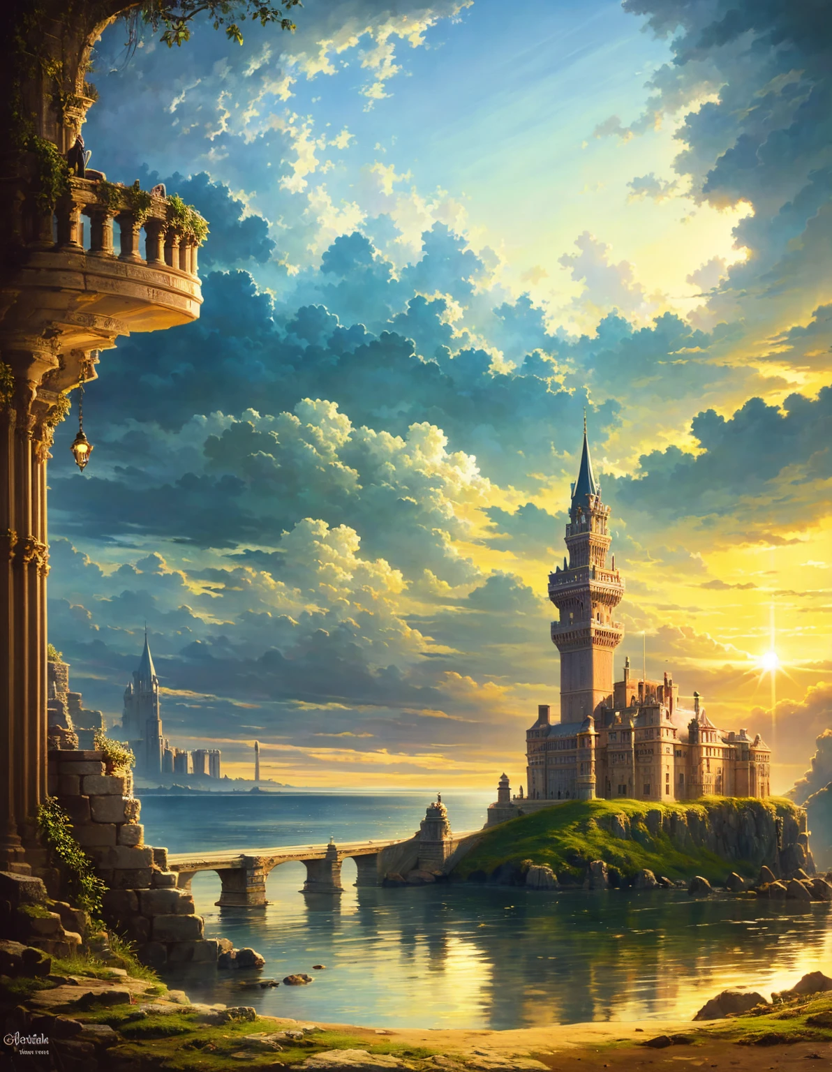 The image shows a majestic castle with a tall tower and a large clock, perched on a cliff overlooking a calm sea, with the sun setting, creating a serene and picturesque scene.