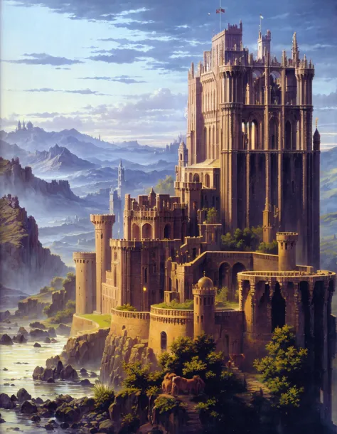 the image shows a majestic castle with a tall tower and a large clock, perched on a cliff overlooking a calm sea, with the sun s...