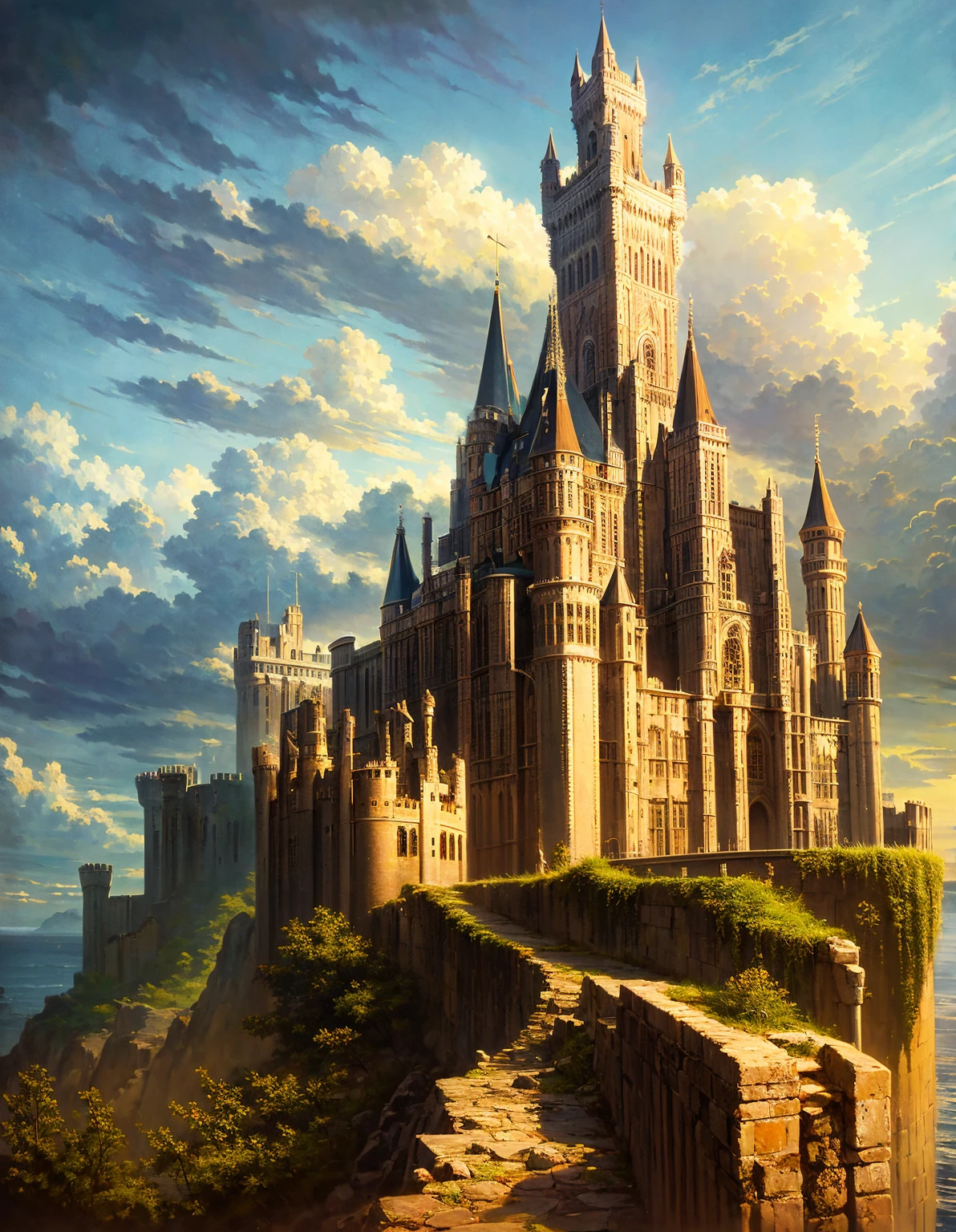 The image shows a majestic castle with a tall tower and a large clock, perched on a cliff overlooking a calm sea, with the sun setting, creating a serene and picturesque scene.