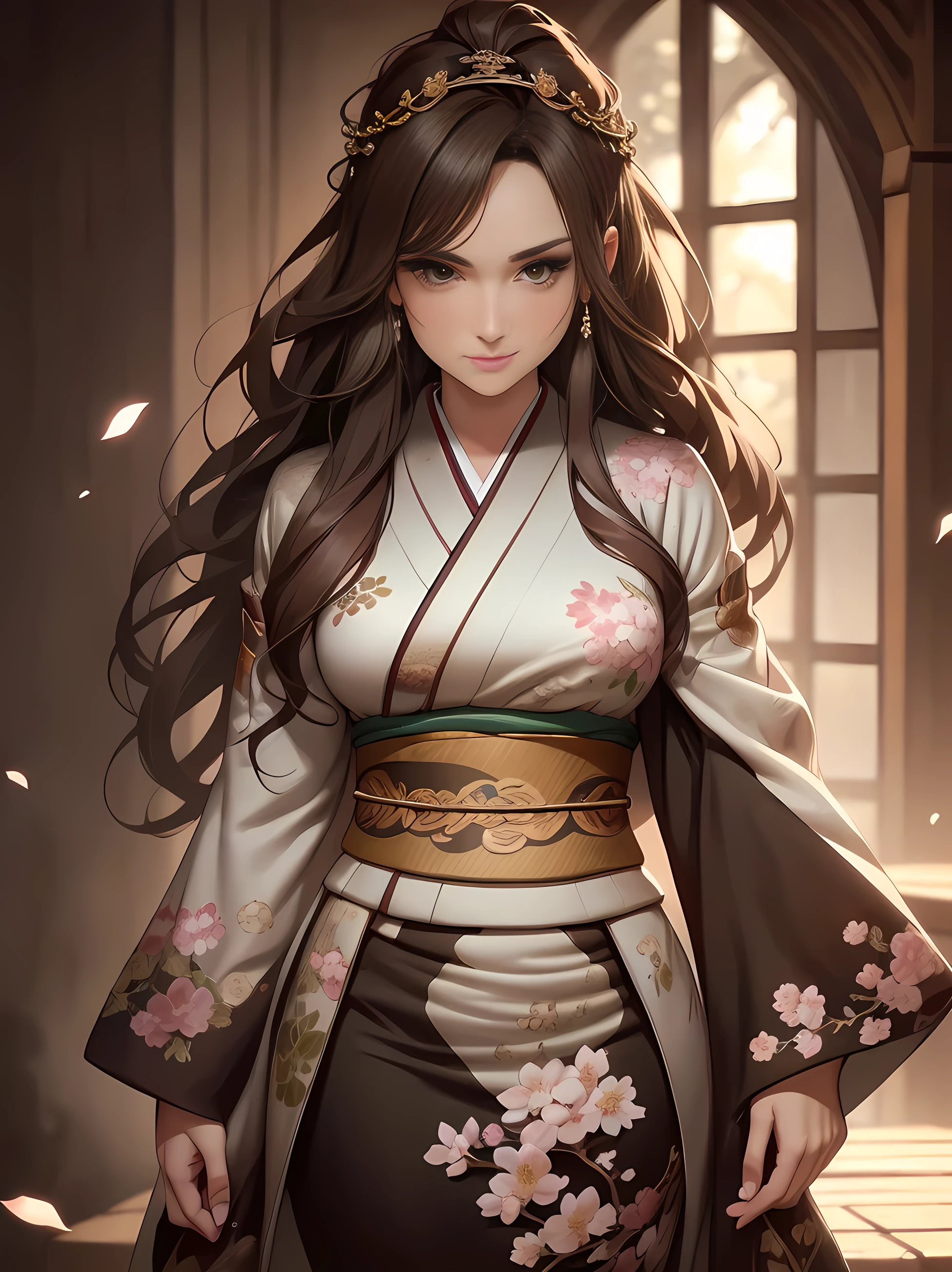 (Caucasian woman, female, dark brown hair, pale skin, brown eyes, solo portrait, natural breasts) green kimono, long flowing kimono, dragon kimono, green clothing full body, smiling, standing inside, good lighting, daytime, looking up at viewer, (outside of a castle, medieval setting, cherry blossoms,  garden), ((masterpiece, best quality)), art by greg rutkowski,  (detailed Bonifasko lighting), (detailed face), (detailed skin), BREAK, (( flowing hair)), ((facing viewer)), (cinematic lighting), ((detailed background)), ((full body portrait view)), (((full body view))), (half body shadow), [backlighting], [crepuscular ray], [detailed ambient light], [gray natural lighting], [ambient light on the belly], [sharp focus], (questionable content), (shaded), ((masterpiece)), Commission for High Res,Sakimichan beautiful, masterpiece, natural breasts, medium breasts, best quality, detailed image, bright colors, detailed face, perfect lighting, perfect shadows, perfect eyes, girl focus, brown eyes, flawless face, face focus, gaze at the viewer, half-closed eyes, 1girl, solo, full body, (masterpiece:1.21), (best quality:1.2), (illustration:1.2), (cinematic lighting:1.3), detailed skin, balanced coloring, global illumination, ray tracing, good lighting, ((brown hair, green kimono)),((seductive look, smile, happy, looking at viewer)