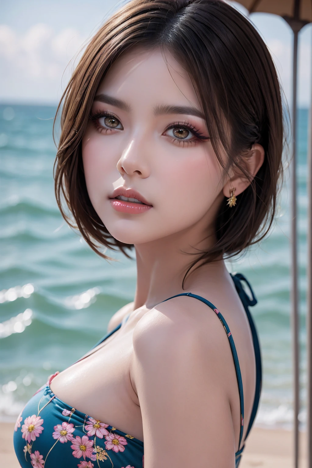 (nnlnnx_1985-1987_v1.4g:0.5), nnlnnx, short hair, (sharp focus:1.2), Realistic (photorealistic Realism), ultra realistic details: velvety skin, blonde short slicked to the side hair, symmetrical lips, light glossy red_lipstick, long blue_eyelashes, pupils, (clear sharp focus, not blurry, Realistic brown_eyes:1.35), (anatomically correct), (perfect female body:1.4),beautiful feet,cute girl,(firm and full breasts:1.3), Hyper Photorealistic ((portrait)) a cute 1model:1.4 24yo, , attractive young woman, (beautiful face:1.1), detailed eyes, luscious lips, (eye makeup:1.2), (tight body:1.2), wearing (flowery dress:1.2) at (the beach:1.2). (morning sun lighting:1.2), depth of field, bokeh, 4K, HDR. by (James C. Christensen:1.2|Jeremy Lipking:1.1).
