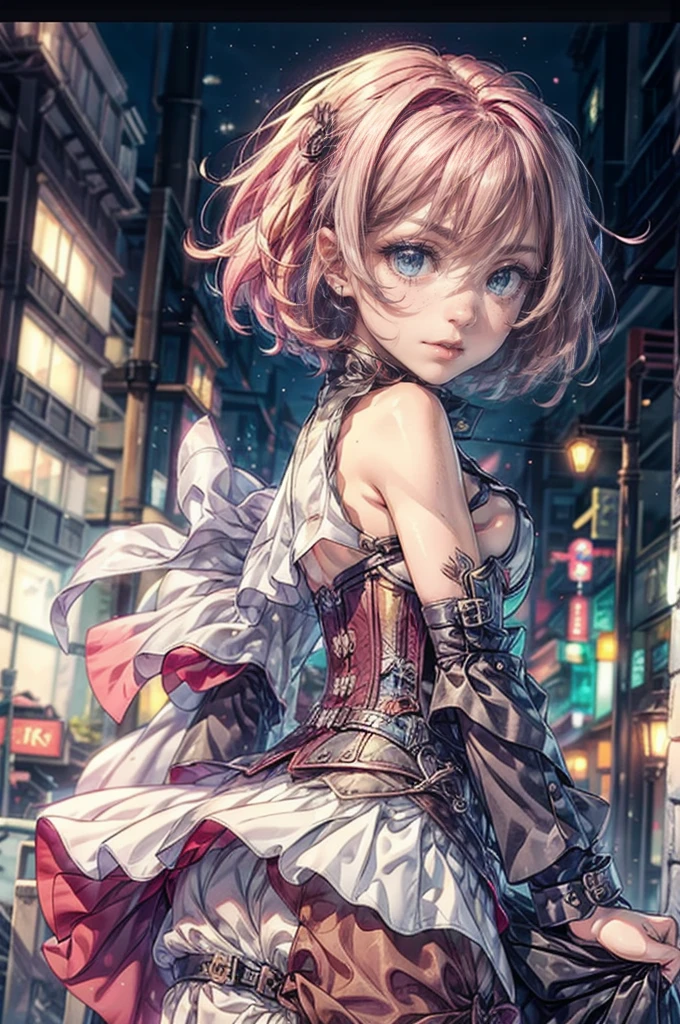 (masterpiece), 1girl, fair skin, beautiful make-up, fair skin, short hair, pink hair,  steampunk, belt, corset, natural breasts, smiling , sultry posing, serenity, beautiful scenery, steampunker, stmpunkai, cog, mgog, white shirt, pink skirt, steampunk city scenery, night time, 